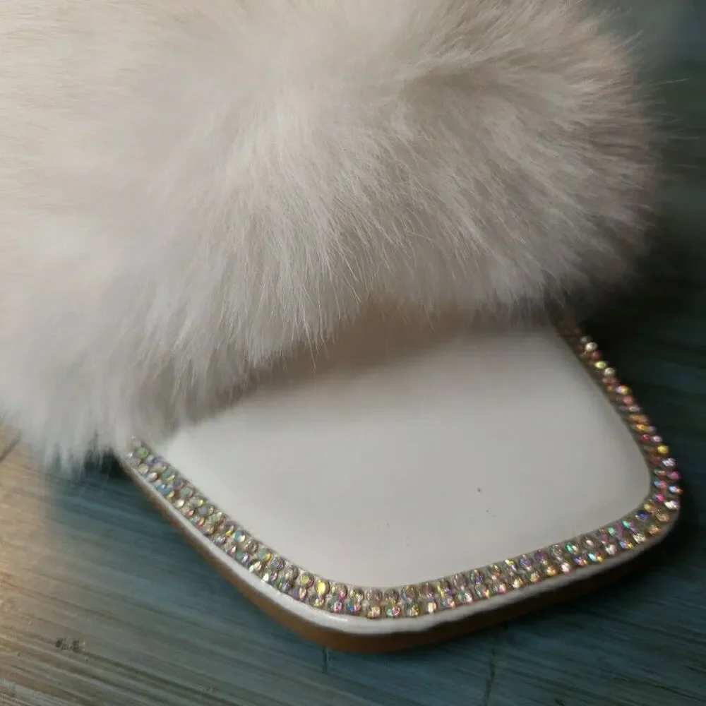 Faux Fur Rhinestone Slides Sandals Slippers Wedding Fuzzy Bling Cute Women Sz 10 - Picture 5 of 16